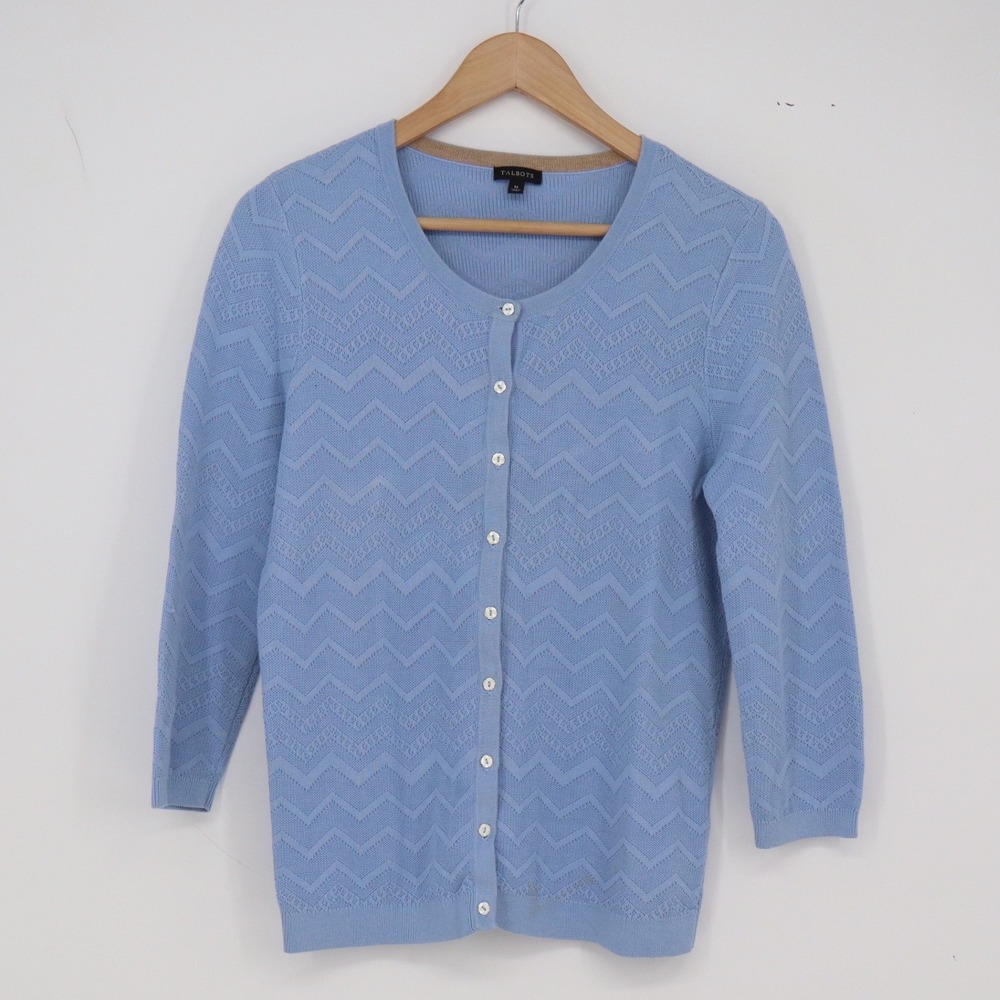 Talbots Cardigan Womens M Chevron Pointelle Light Blue Button-Down Good